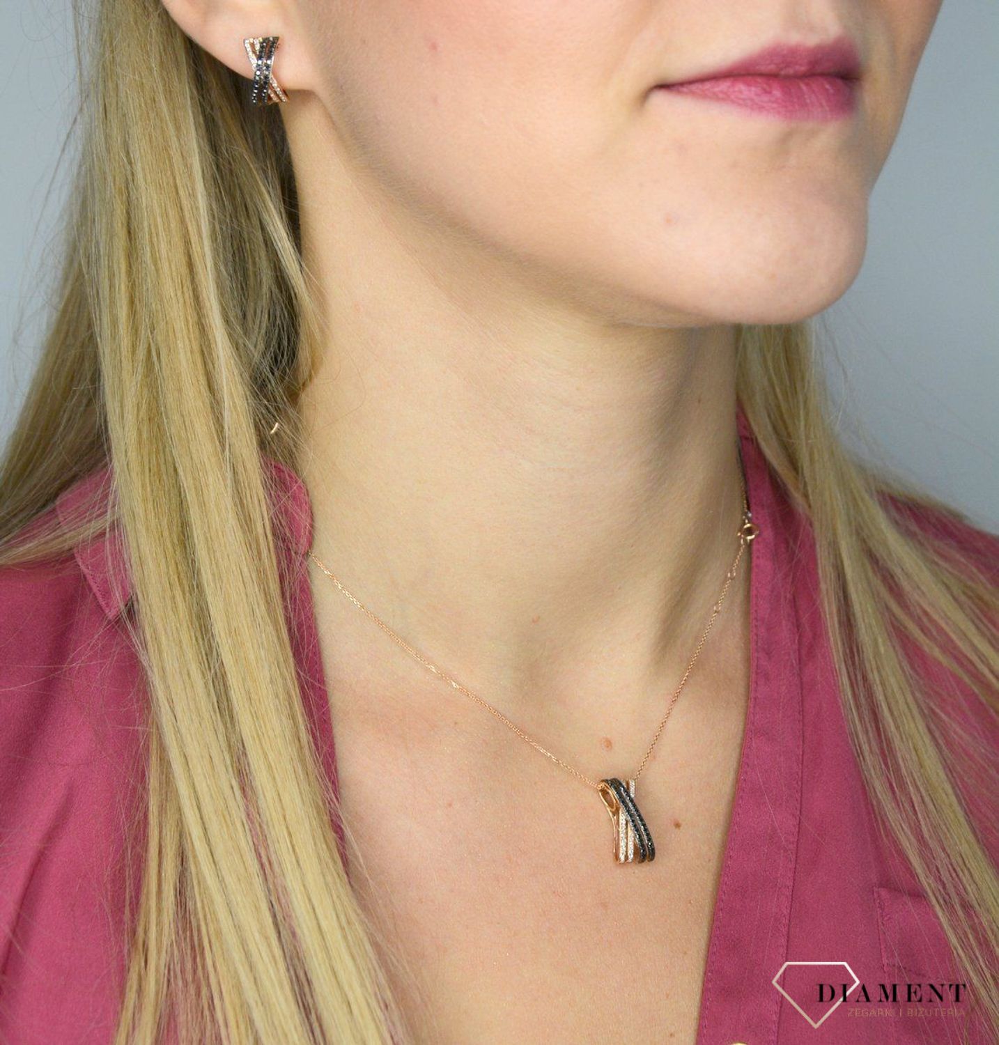 Złote kolczyki DIAMENT różowe złoto, białe i czarne diamenty 0660027070 HSI..jpg